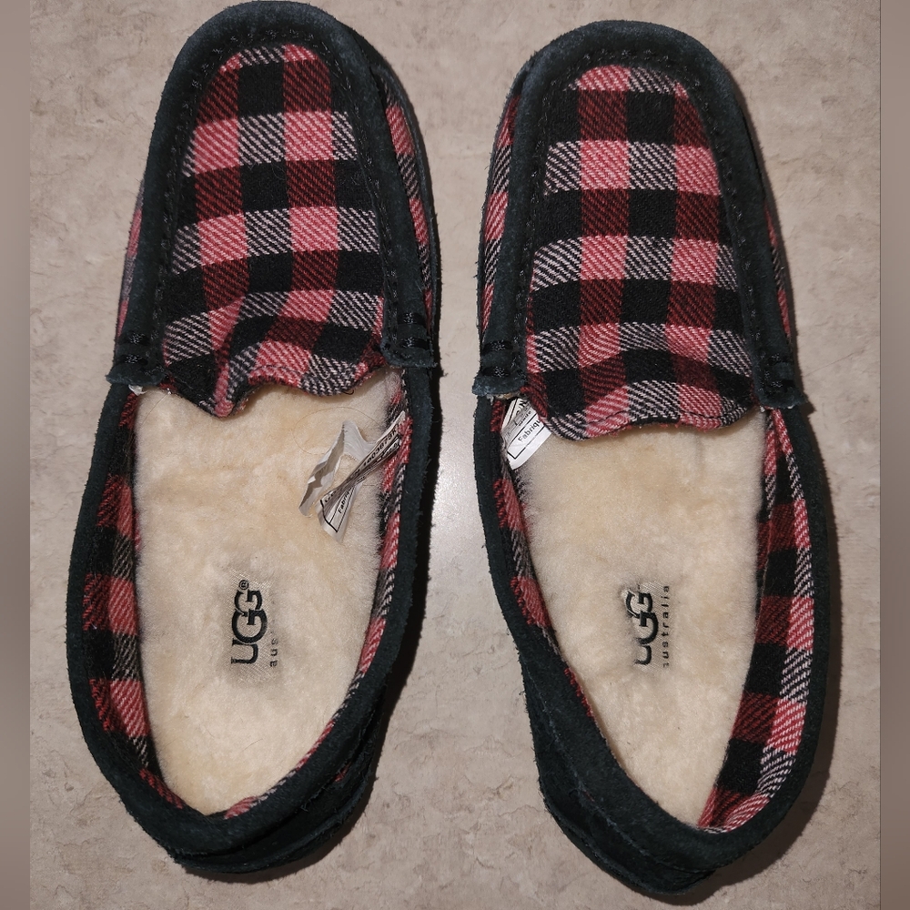 UGG Black and Red Checkered Slippers with Shearling
